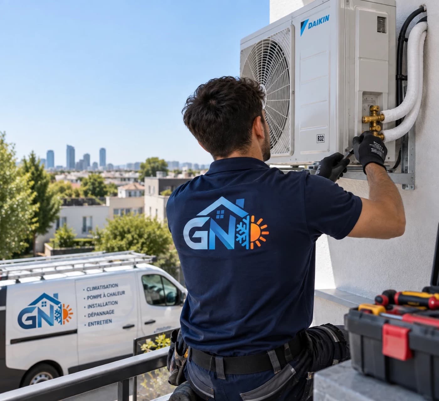 Technicien GN raccordant un groupe extérieur de climatisation posé sur un balcon